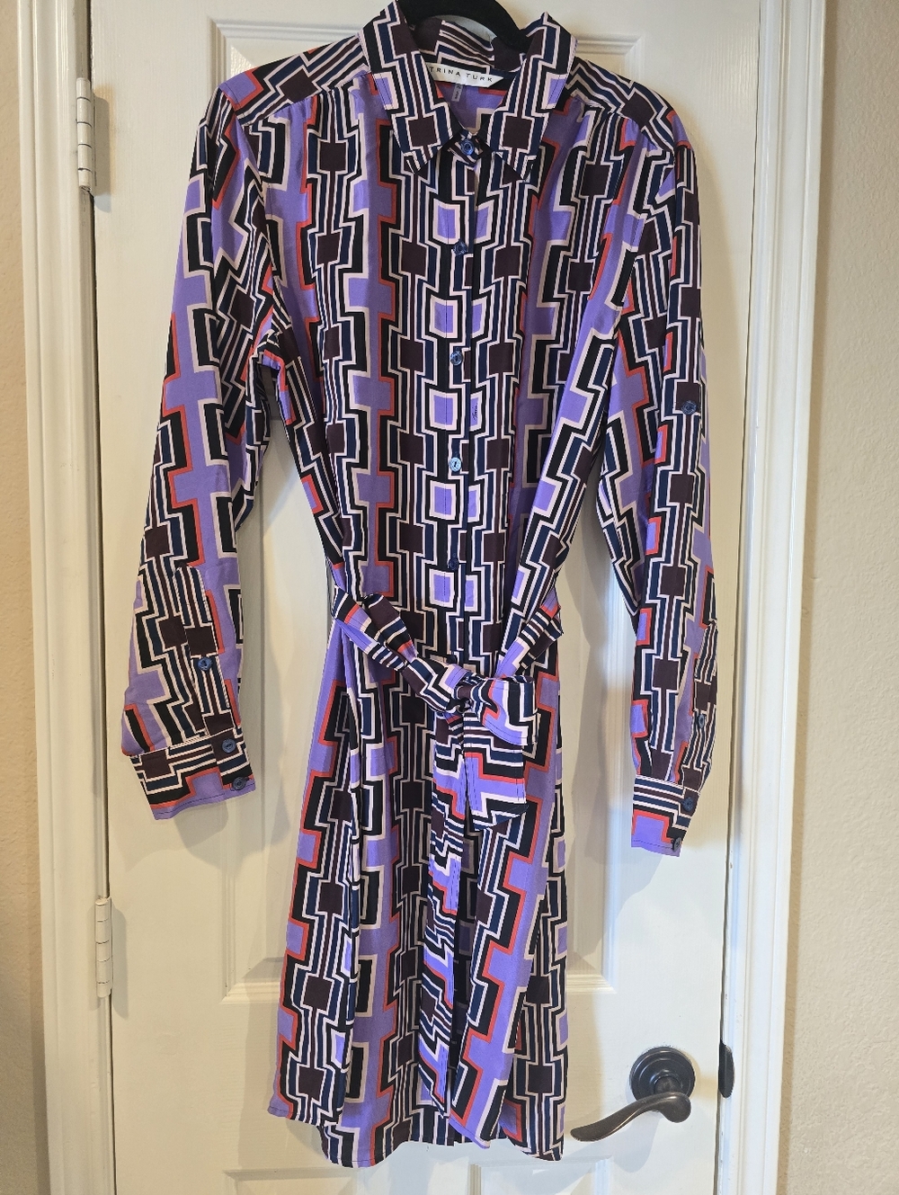 Trina Turk 100% Silk Purple Black Abstract Long Sleeve Belted Dress XL